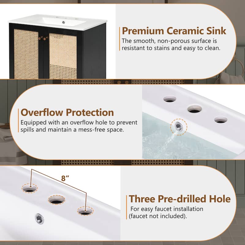 Roomfitters 30" Bathroom Vanity with Ceramic Sink, Handmade Rattan Doors, Soft-Close Hinges, Modern Cabinet, Black