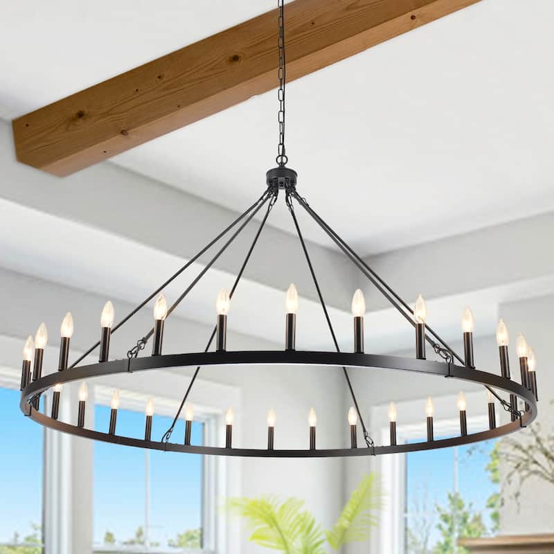 Vyolette 60 in. 30-Light Extra Large Farmhouse Round Wagon Wheel Chandelier, Classic Dining Room Living Room Chandelier - Black
