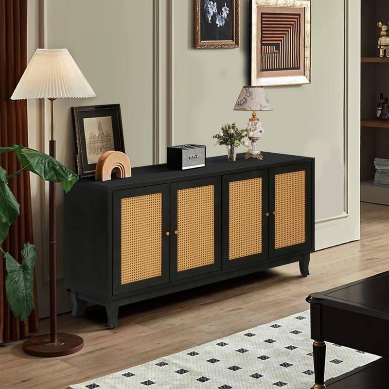 Accent Storage Cabinet, Boho Rattan Sideboard Buffet with 4 Adjustable Shelves, Console Table for Hallway, Living Room, Bedroom