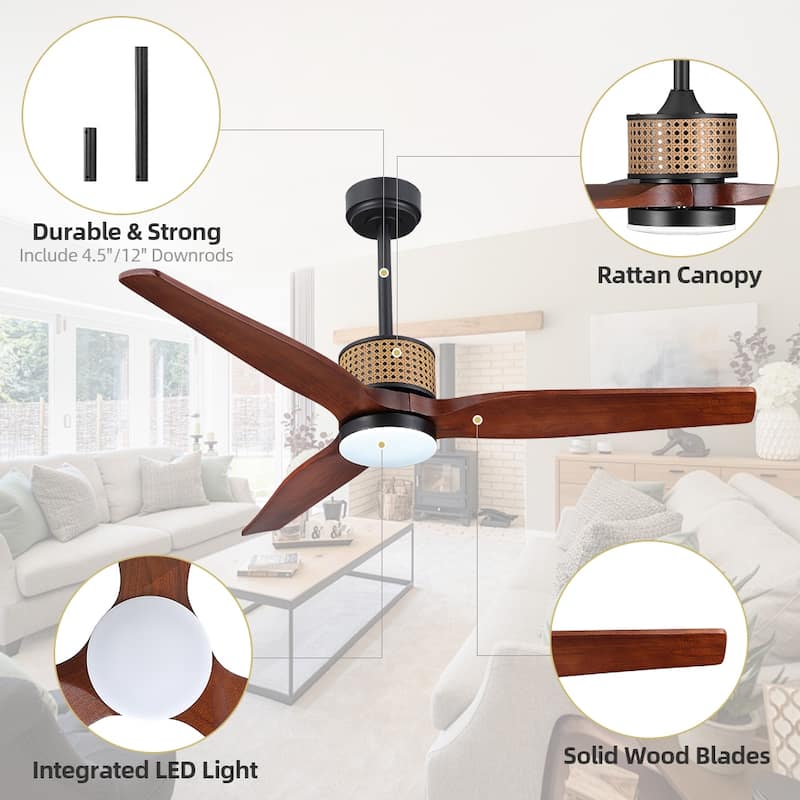MLiAN 52 In. 3 Solid Wood Indoor Ceiling Fan with Light Kit - 52"