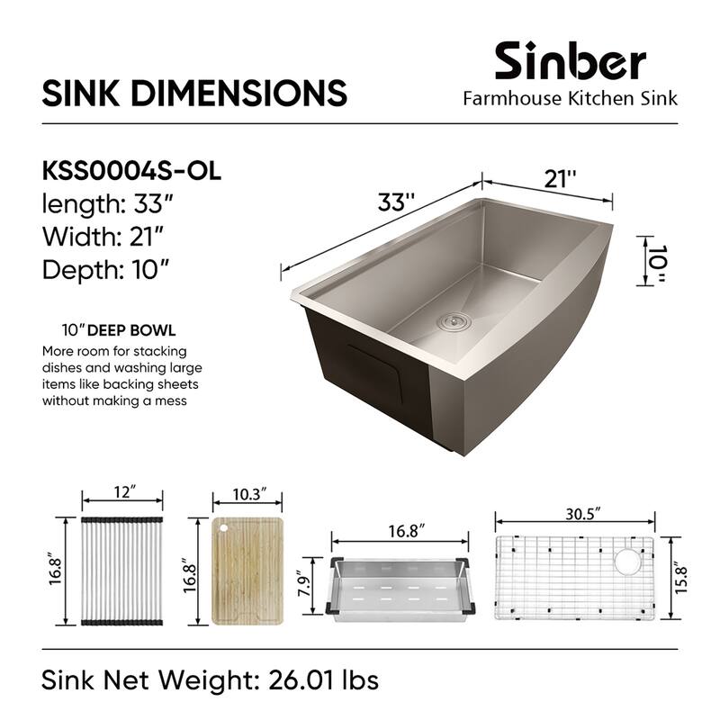 Sinber Farmhouse Apron Single Bowl 304 Stainless Steel Kitchen Sink