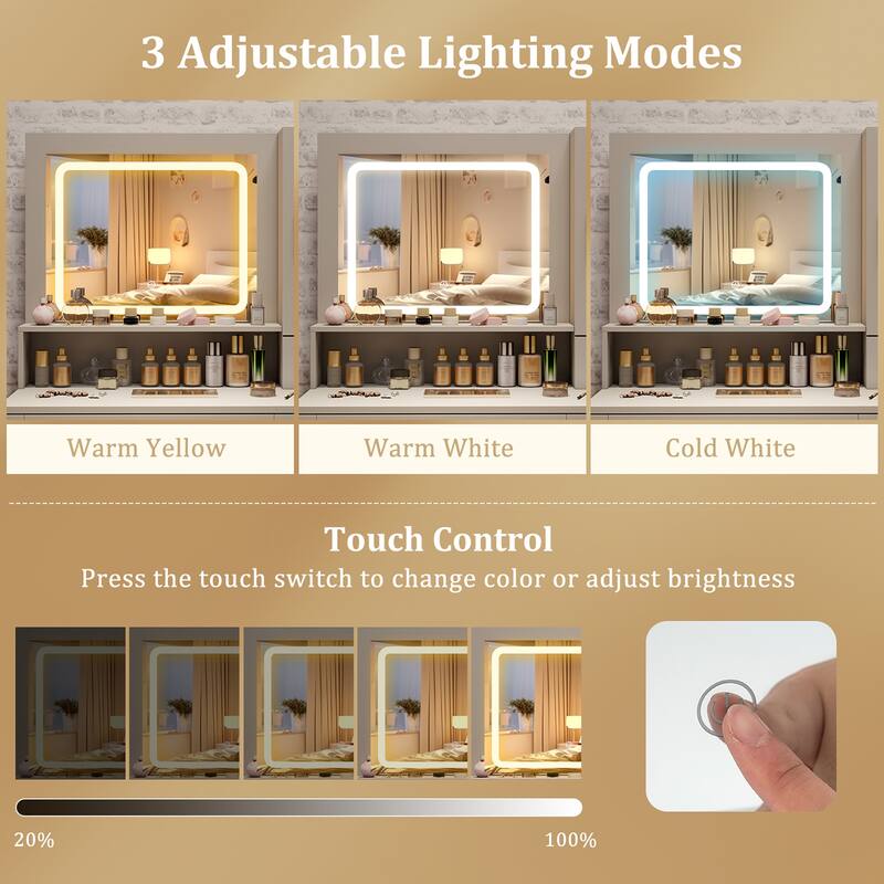 Gymax Farmhouse Vanity Set w/Mirror & Lights 3 Lighting Modes &