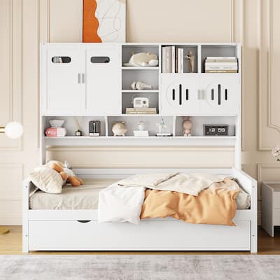 Space-Saving Twin Size Daybed with All-in-One Cabinet, Wooden Platform Bed Frame with Twin Trundle & Shelf, No Box Spring Needed