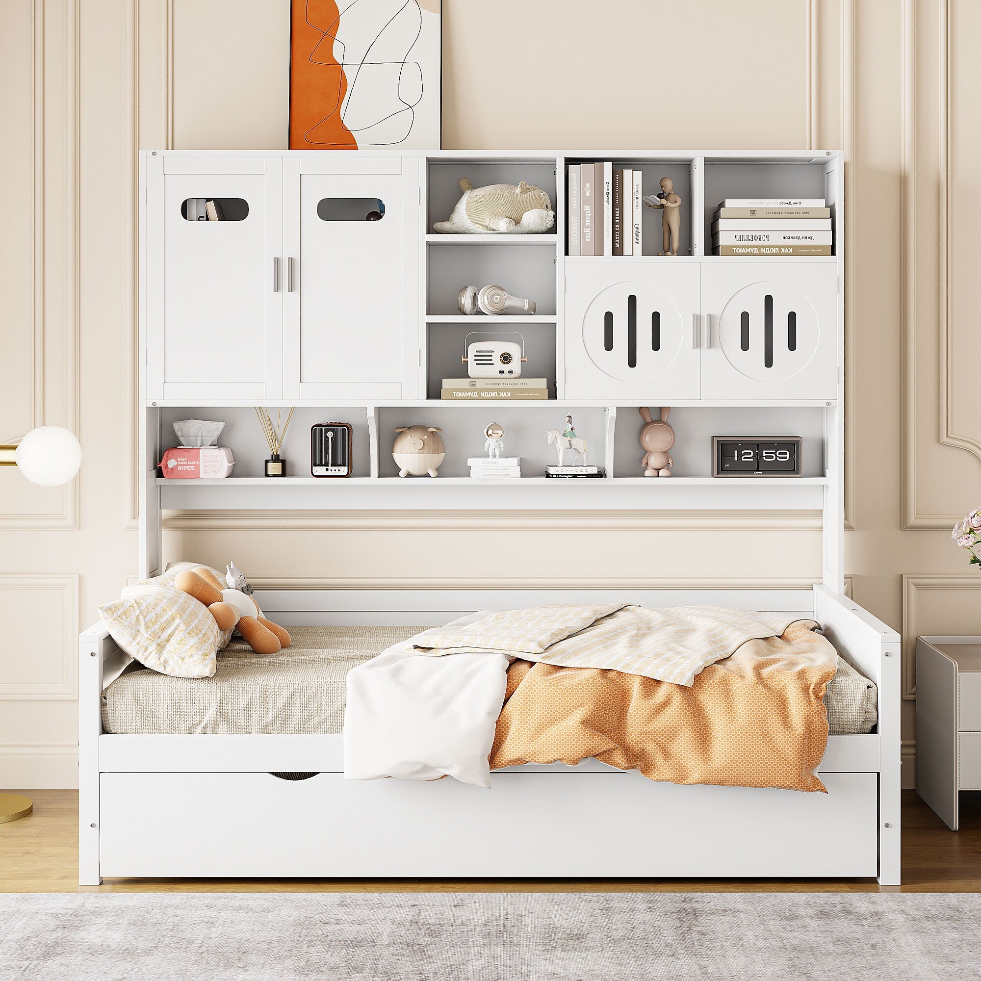 Twin Size Wooden Daybed With Twin Size Trundle, And All-In-One Cabinet And Shelf, White