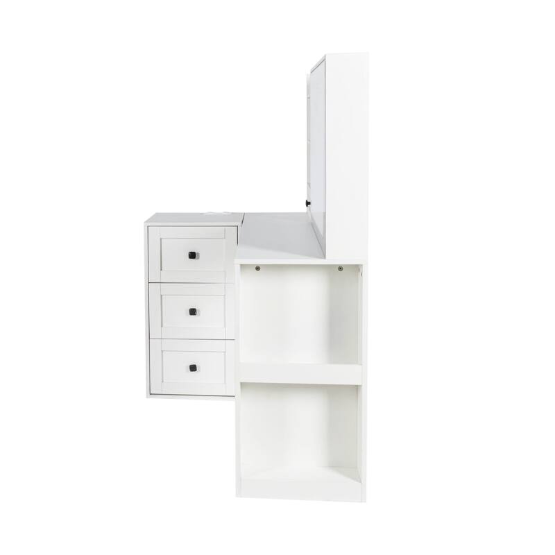 Vanity Desk with Lights & Power Strip, Large Bedroom Makeup Table, Dressing Table Set with Stool, 3 Drawers & 7 Shelves