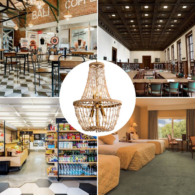 Coastal Natural Brown Hemp Rope 4-Light Basket Chandelier - 16.54" fixture width x 25.2" fixture height