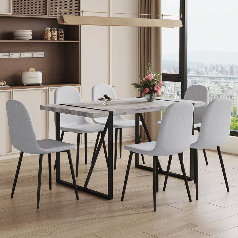 Roomfitters 5/7pcs Retro Dining Table Set with Textured Top and Linen Fabric Chairs, Black Metal Legs, Light Gray