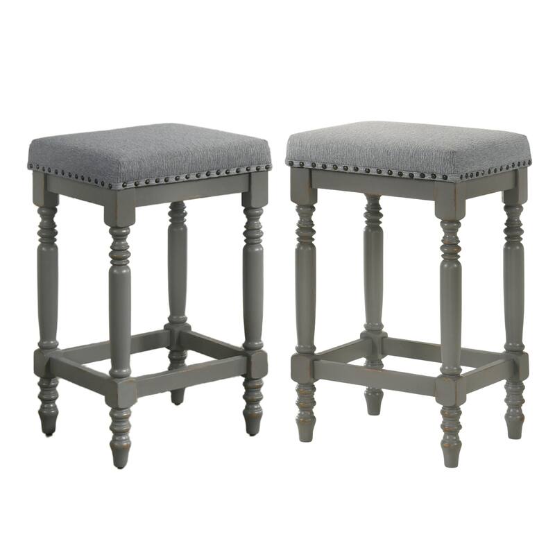Rustic Wooden Counter Stool With Padded Seat Set Of 2-26 Inch Walnut Barstool With Nailhead Trim,Distressed Finish & Turned Legs - Gray