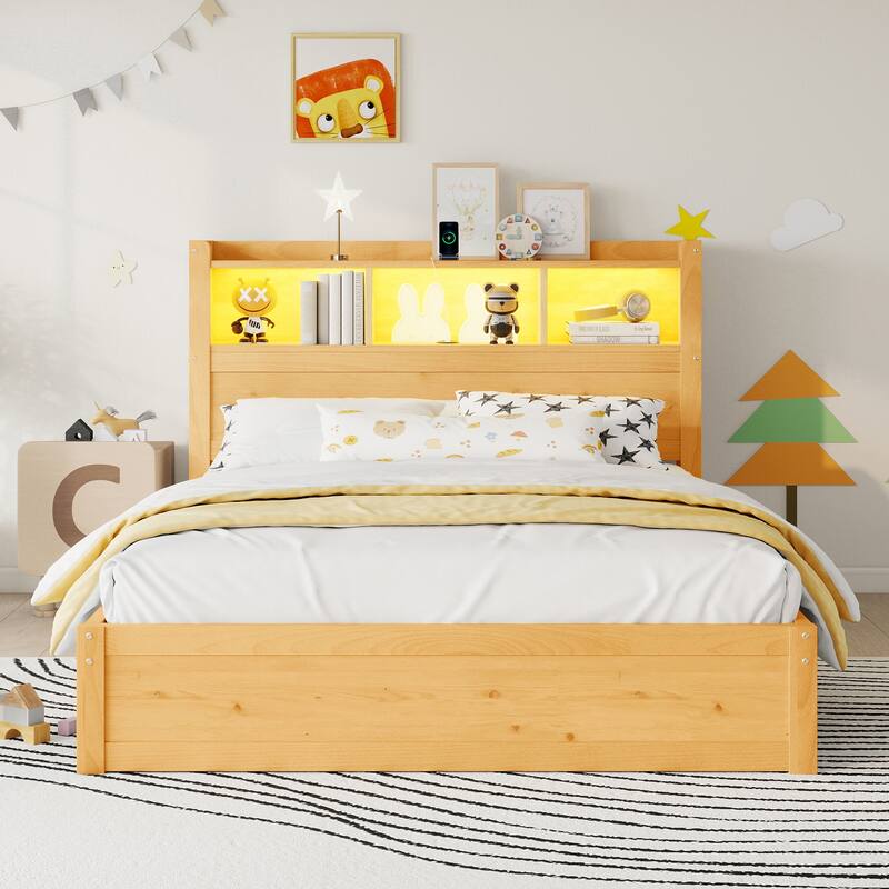 Roomfitters Twin/Full Platform Bed, LED Bookcase Headboard and Pull Out Storage Drawers with Wooden Frame for Bedrooms