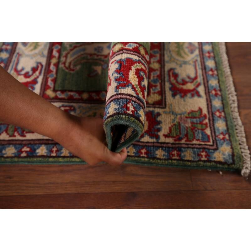 Green Geometric Kazak Foyer Rug Hand-Knotted Wool Carpet - 2'0" x 2'8"