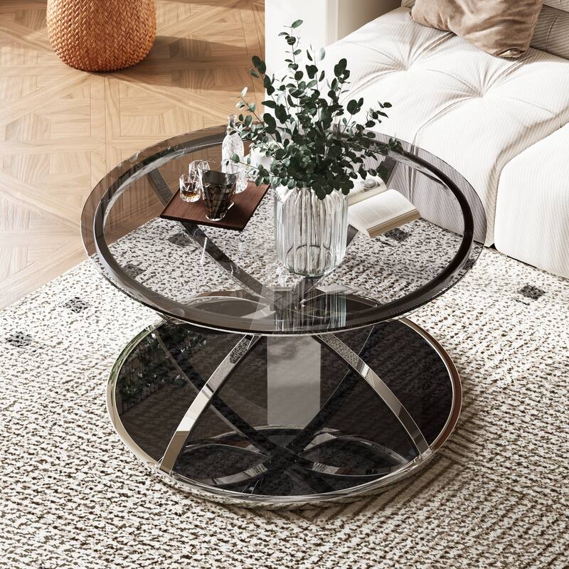 Modern 2 Tiers Glass Coffee Table with Ring-Shaped Metal Frames