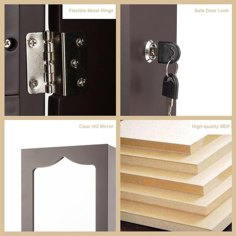 Gymax Wall Door Mounted Jewelry Cabinet Organizer LED Mirror Brown