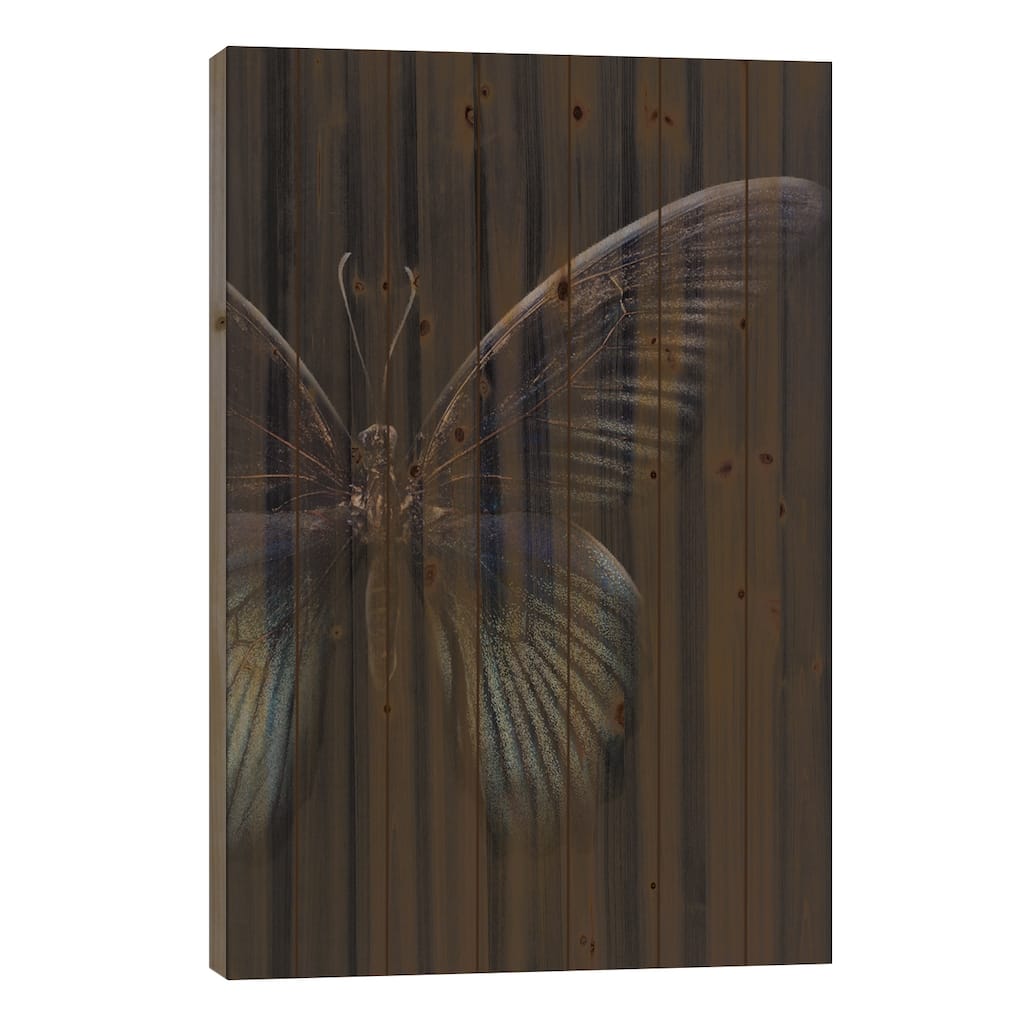 Black Butterfly on Grey Print On Wood by Design Fabrikken - Multi-Color