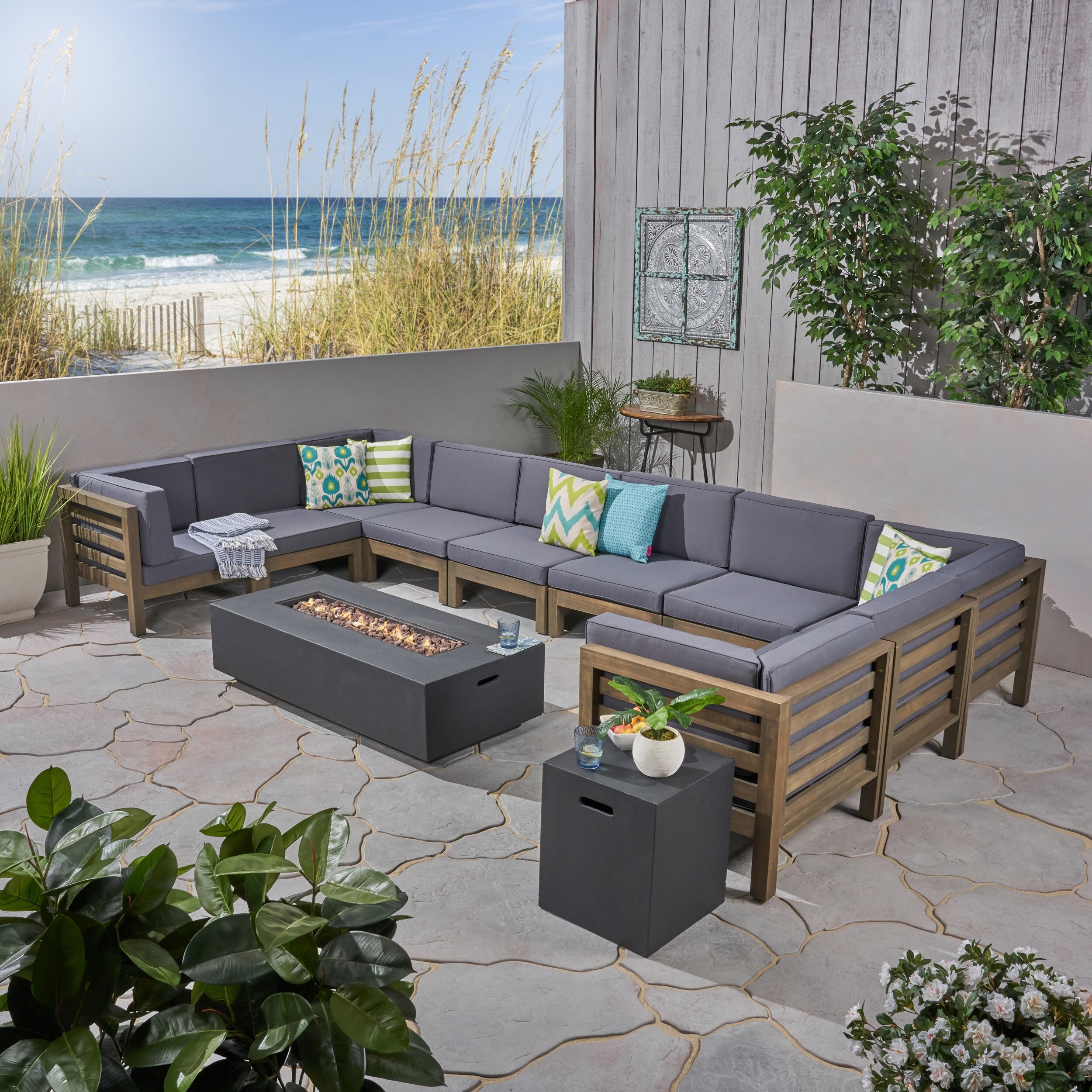 Oana Outdoor 12 Piece U Shaped Acacia Wood Sectional Sofa Set with
