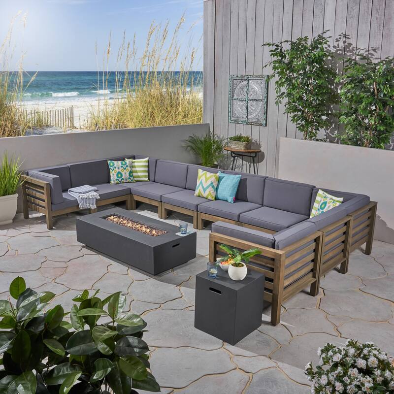 Oana Outdoor 12-Piece U-Shaped Acacia Wood Sectional Sofa Set with Fire Pit by Christopher Knight Home