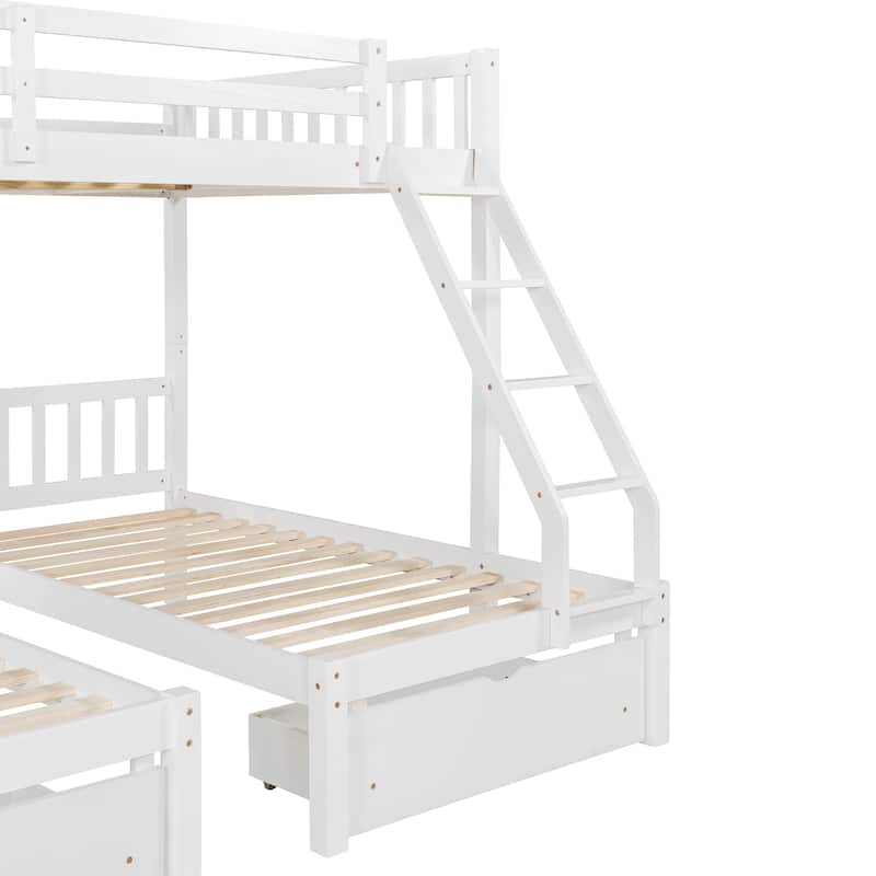 Detachable Triple Bunk Bed Convertible 3 Platform Beds, Wood Full Over Twin & Twin Bunk Bed Frame with Drawers and Guardrails