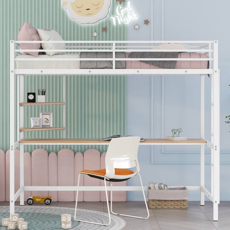Metal Loft Bed with Desk, Ladder, and Shelf for Kids