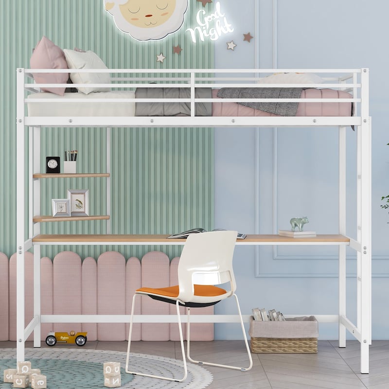 Sturdy Twin/Full Metal Loft Bed with Workstation, Desk, and Shelf, Perfect for Bedrooms or Dorms