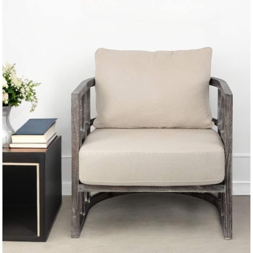 HomeRoots 30" Cream And Brown Fabric Distressed Barrel Chair - 29.75' X '33.75' X '29