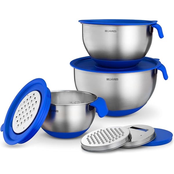 Mixing Bowls with Lids Set - Nesting Bowls with Graters, Handle, Pour Spout, Airtight Lids - Stainless Steel Non-Slip Bowls