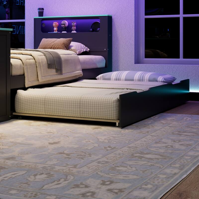 Wood Daybed with Trundle & Built-in Desk, LED Lights & USB Charging Port, Available in Full or Twin