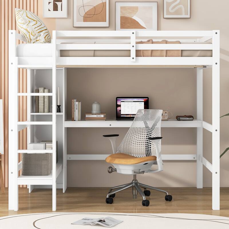 Full Size Loft Bed with Multifunction Shelves and Under-bed Desk