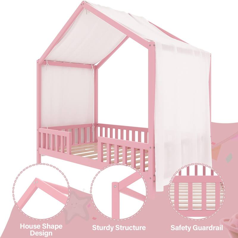House-Shaped Twin Bed with Canopy and Railings for Kids, Pink Wooden Toddler Bed Frame