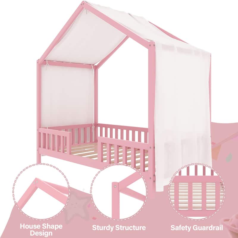 Montessori Toddler Bed Kids House Bed with Airy Canopy, Wood Bed Frame Bed Tent with 4 Full Guardrails, No Box Spring Needed