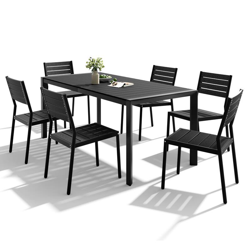 Set of 7 Outdoor Patio Dining Set WoodLike Table Top Aluminum Rectangular Umbrella Hole Table with Stackable Chairs