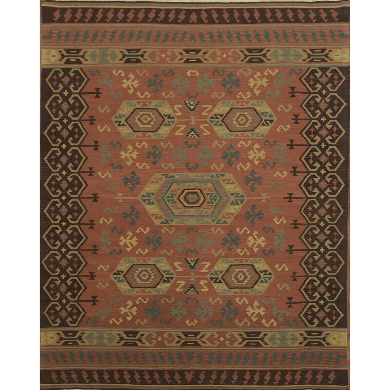 Hand Woven Oriental 100% Wool Carpet Southwestern Tribal Oranges & Rust Kilim Area Rug - 9' 9'' X 7' 9''