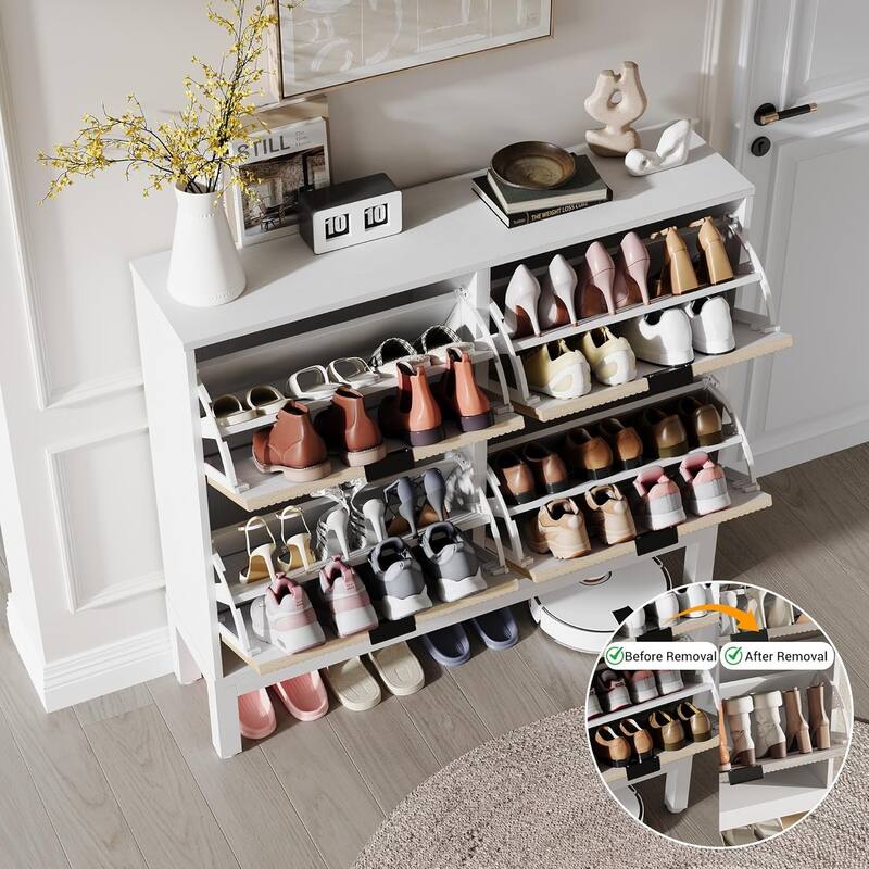 Shoe Storage Cabinet with 4 Flip Drawers, Fluted Shoe Organizer with Metal Legs