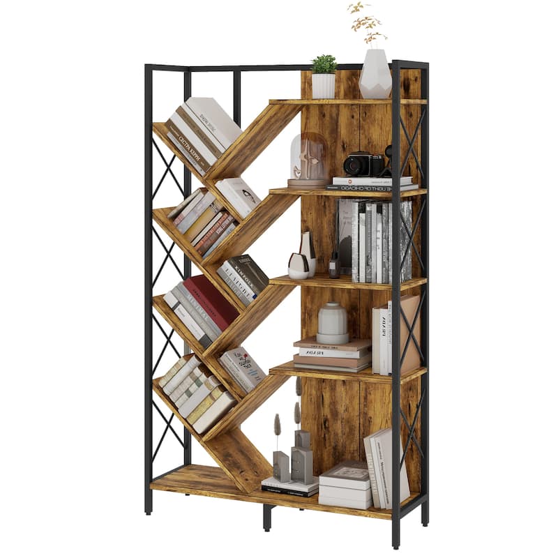 Moasis Wood 5-Tier Large Tree Bookshelf Industrial Open Etagere Bookcase