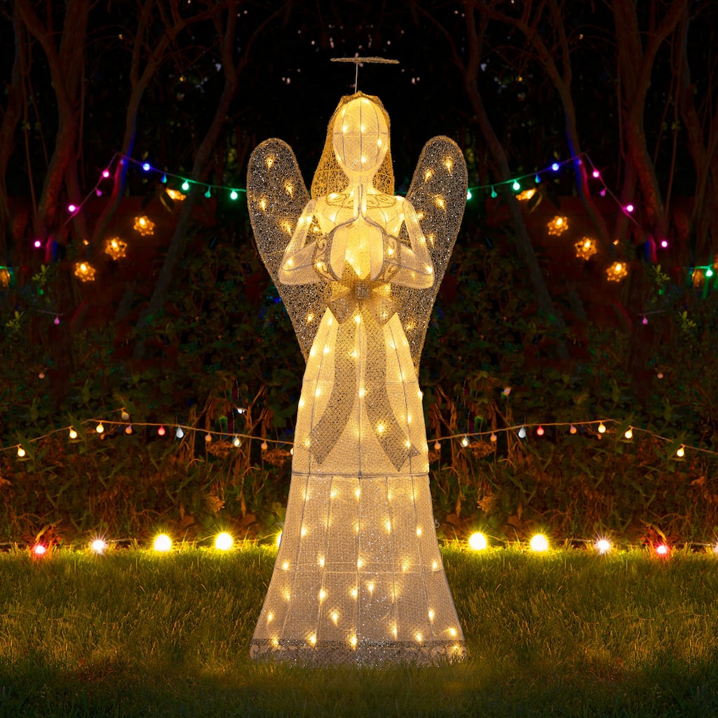 Glitzhome 63"H Christmas 3D Glittered Fabric Angel with 120 Warm White LED Lights