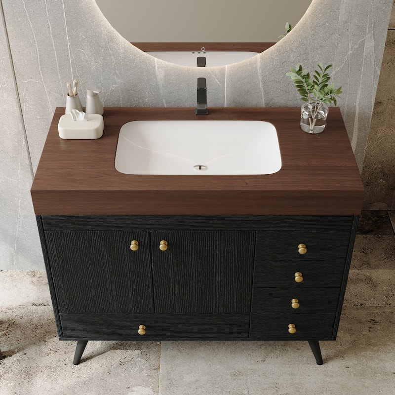 36" Bathroom Vanity with Faux Marble Top & Ceramic Sink, 5-Drawer Storage Cabinet with Stainless Steel Legs