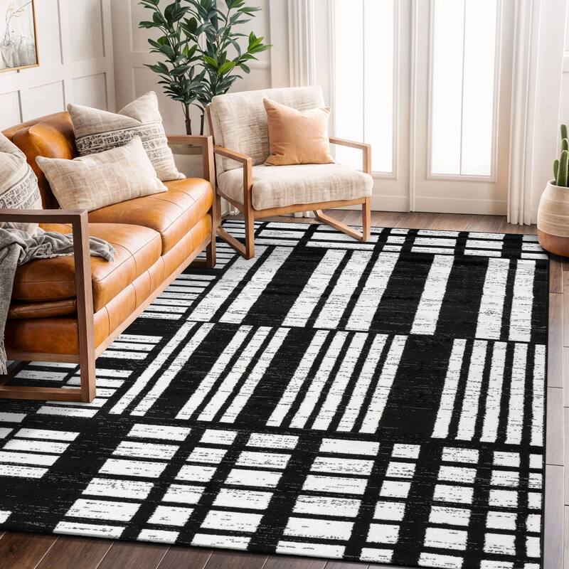 Black Ivory Geometric Blocks Stylish and Durable Area Rug - 5' x 7'