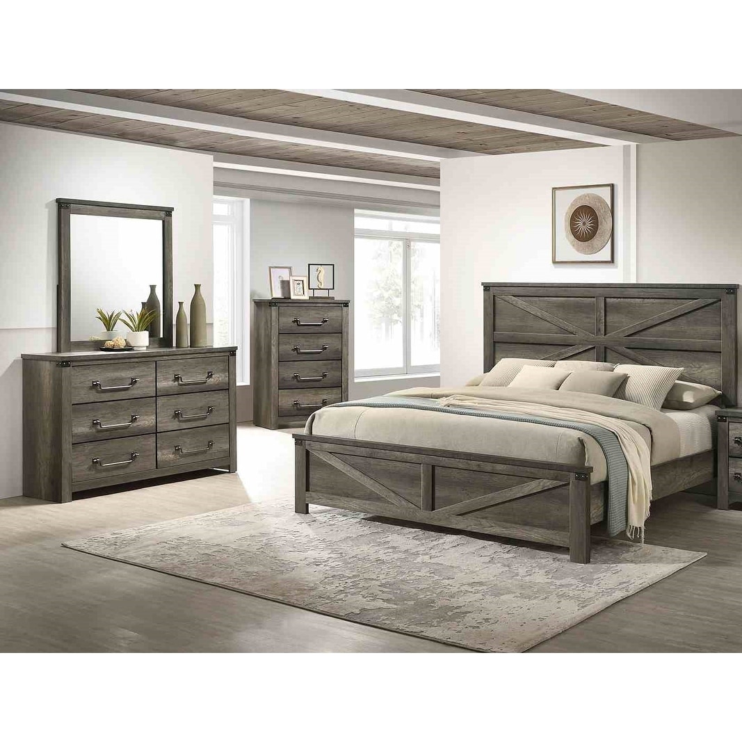 4-Piece Farmhouse Gray Finish Bed Chest Dresser Mirror Bedroom Set