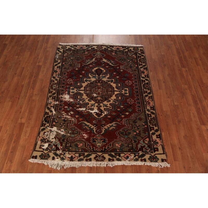 Red Geometric Bakhtiari Persian Rug Handmade Wool Carpet - 4'7" x 6'6"