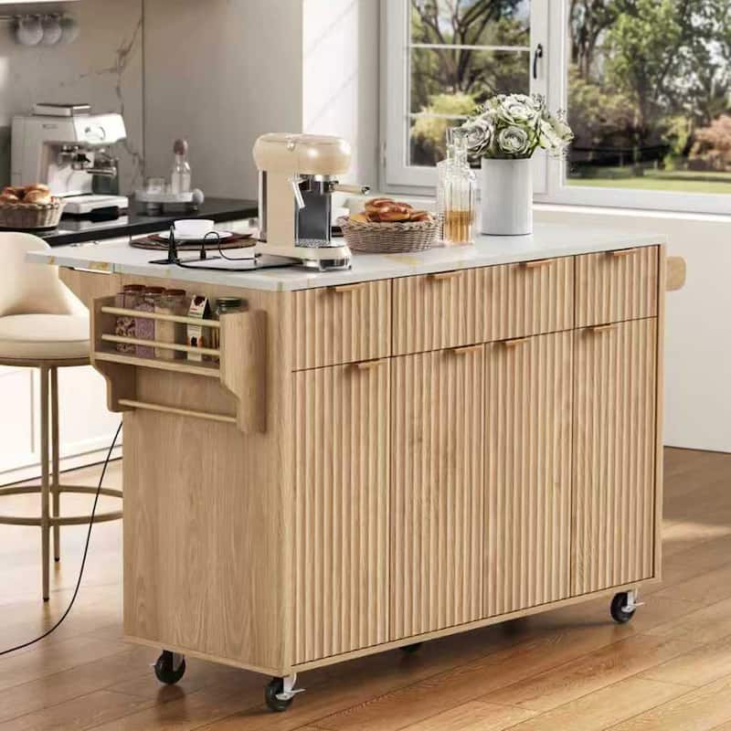 55.5" Fluted Kitchen Island with Drop Leaf, Power Outlet, 4 Doors & 3 Drawers