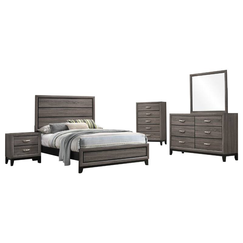 Mela 5pc Full Bed Set, Nightstand Dresser Chest and Mirror, Oak Gray