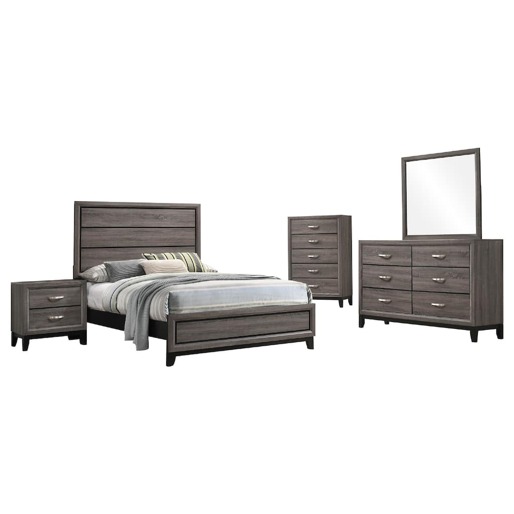 Mela 5pc Full Bed Set, Nightstand Dresser Chest and Mirror, Oak Gray