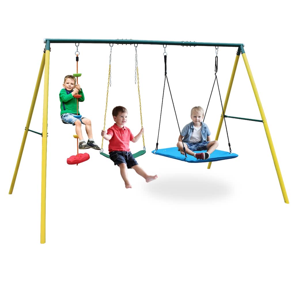 Roomfitters Compact Metal Swing Set with Safety Belt, Versatile for Indoor Outdoor Backyard Use, Multicolor