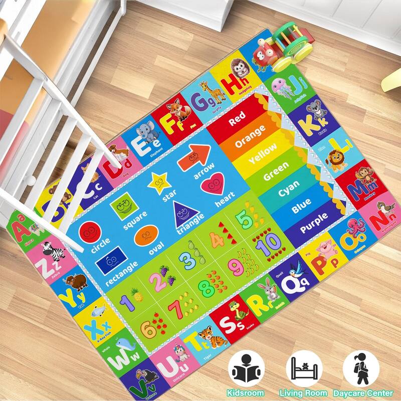 Kids Educational Rug, Kids Area Rug for Learning Alphabet, Numbers, Colors, Shapes and Animal Words, Children Playmat