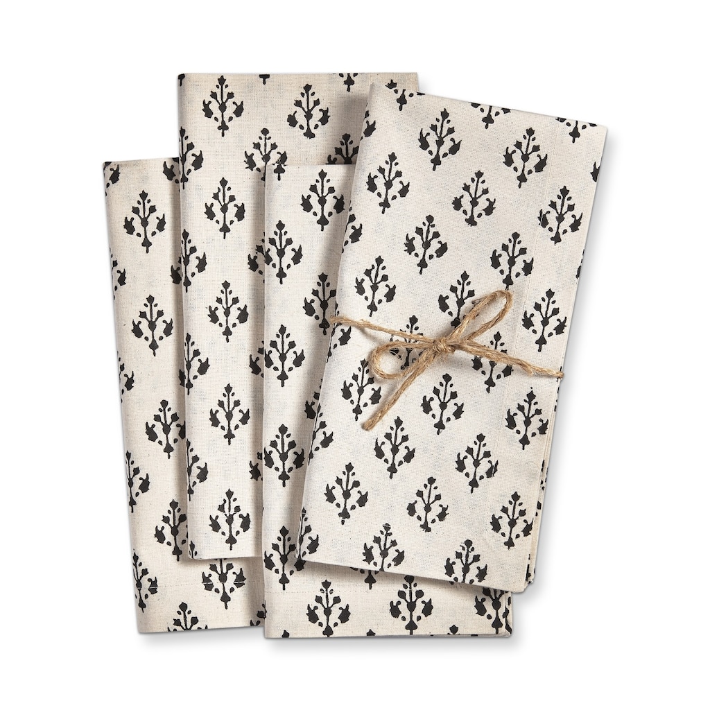 Emma Black Blockprint on Beige Cream Background Cotton Machine Washable Napkin Set of 4 - 20 x 20