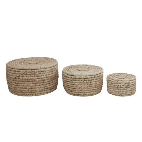 Hand-Woven Grass & Date Leaf Baskets with Lids, Set of 3