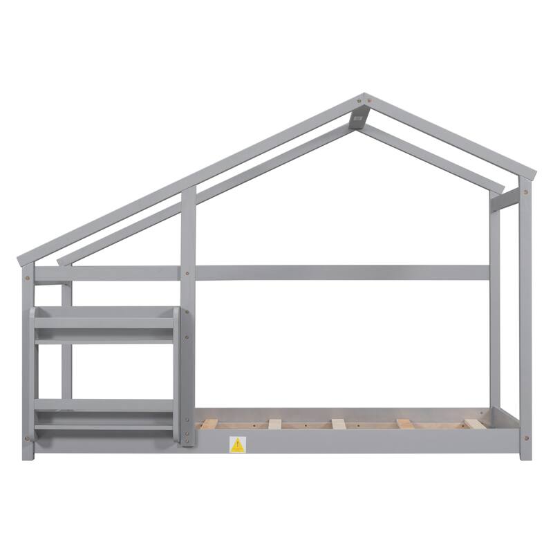 Floor Wooden House Bed with Shelf, No Box Spring Needed
