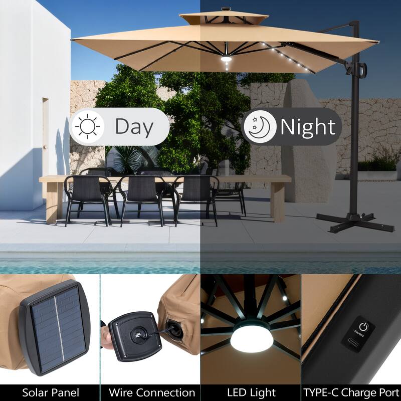 9 X 11 FT Outdoor Patio Cantilever Umbrella with Solar Lights Double Canopy 360 Rotation Tilt