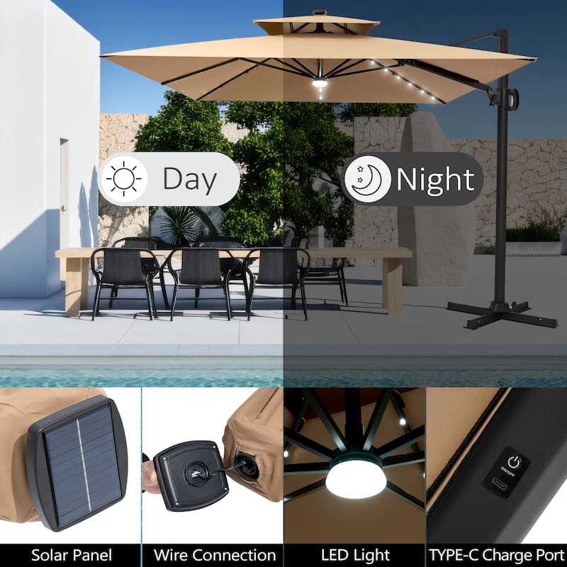 Pellebant 9x11 FT Outdoor Patio Double Top Cantilever Umbrella Solar LED Lighted with Rod Base