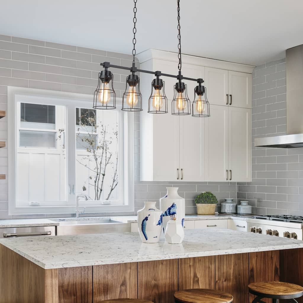 Kenid Farmhouse 5-Light 31" Matte Black and Wood Grain Linear Cage Kitchen Island Light - L32" x W5" x H11"