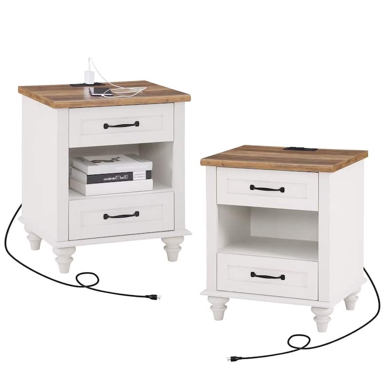 Mid Century End Table Nightstands with Charging Station & Drawer - 2 Piece - White
