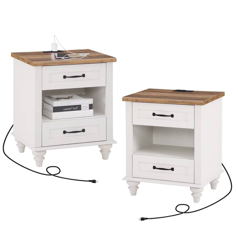 Farmhouse Nightstand Bedside Table, Wood 2-Drawer Side Table - Off White - 4-drawer